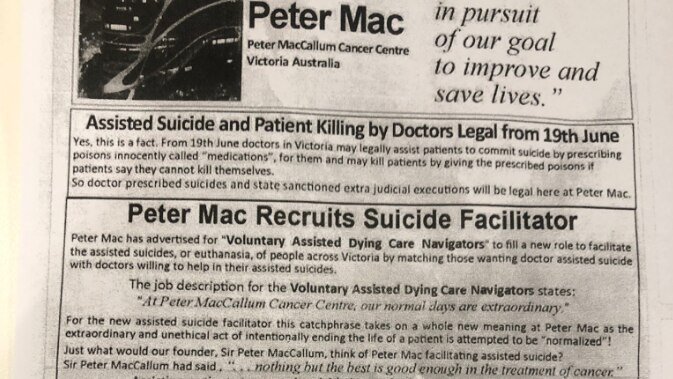 A photocopy of a flyer referring to Peter Mac recruiting 'suicide facilitators'.