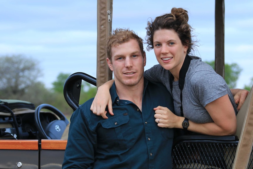 David Pocock with partner Emma Pocock on safari in Zimbabwe.