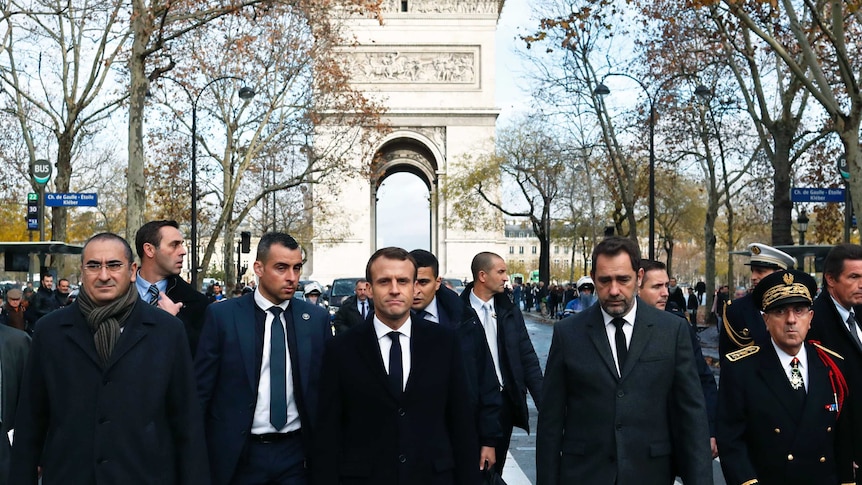 French President Emmanuel Macron (centre) visits the sites of the riots (Photo: AP/Thibault Camus)
