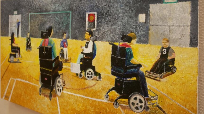 A painting of disable people on wheelchair playing soccer.