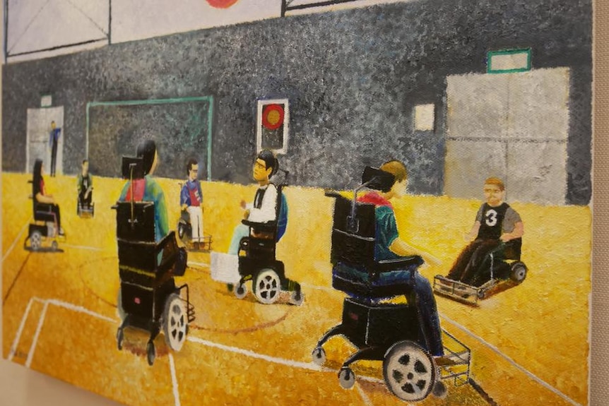 A painting of disable people on wheelchair playing soccer.