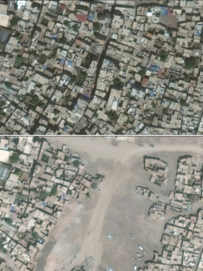Satellite photos of Kurdish city before and after shelling by Turkish forces.