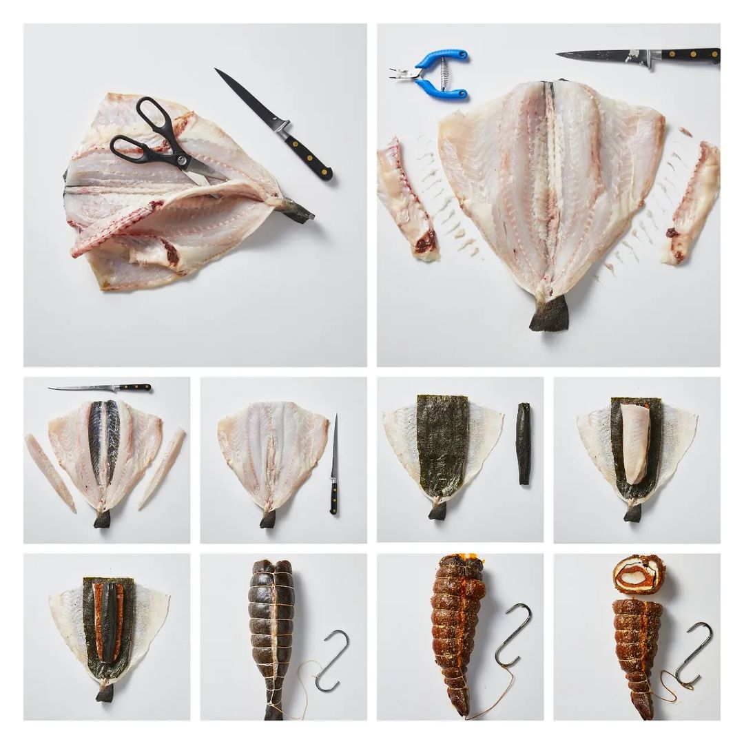 10 squares showing flat lay presentation of fish being prepared at various stages of completion