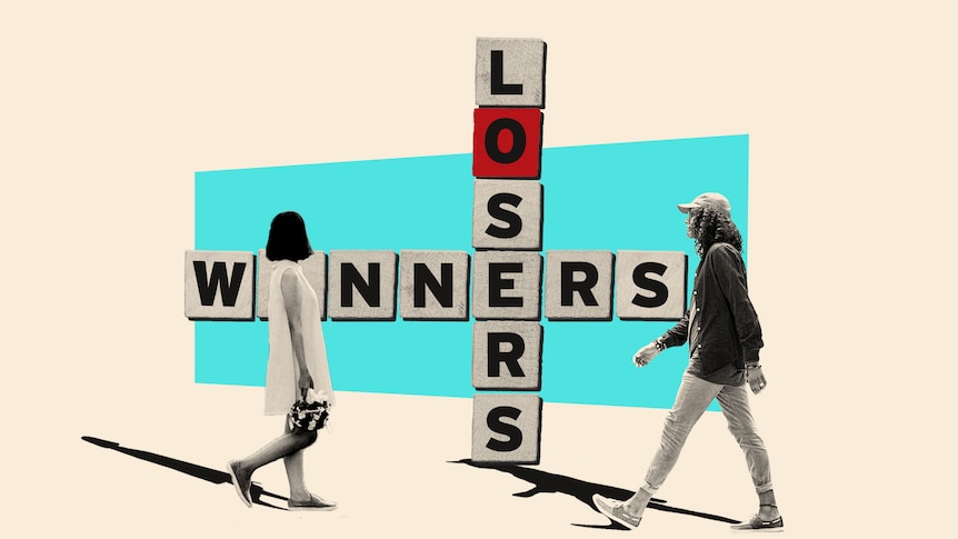 Collage of scrabble letters spelling "winners" and "losers" with blue background, two cutout people walking with dark shadows.