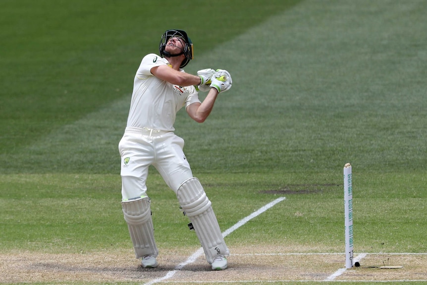 Australia batsman Tim Paine looks up as he completes an ugly stroke at the Adelaide Oval.