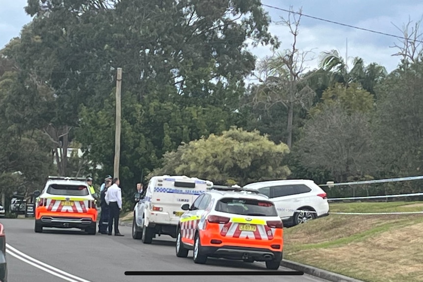 Three emregency vehicles pulled up in front of a driveway