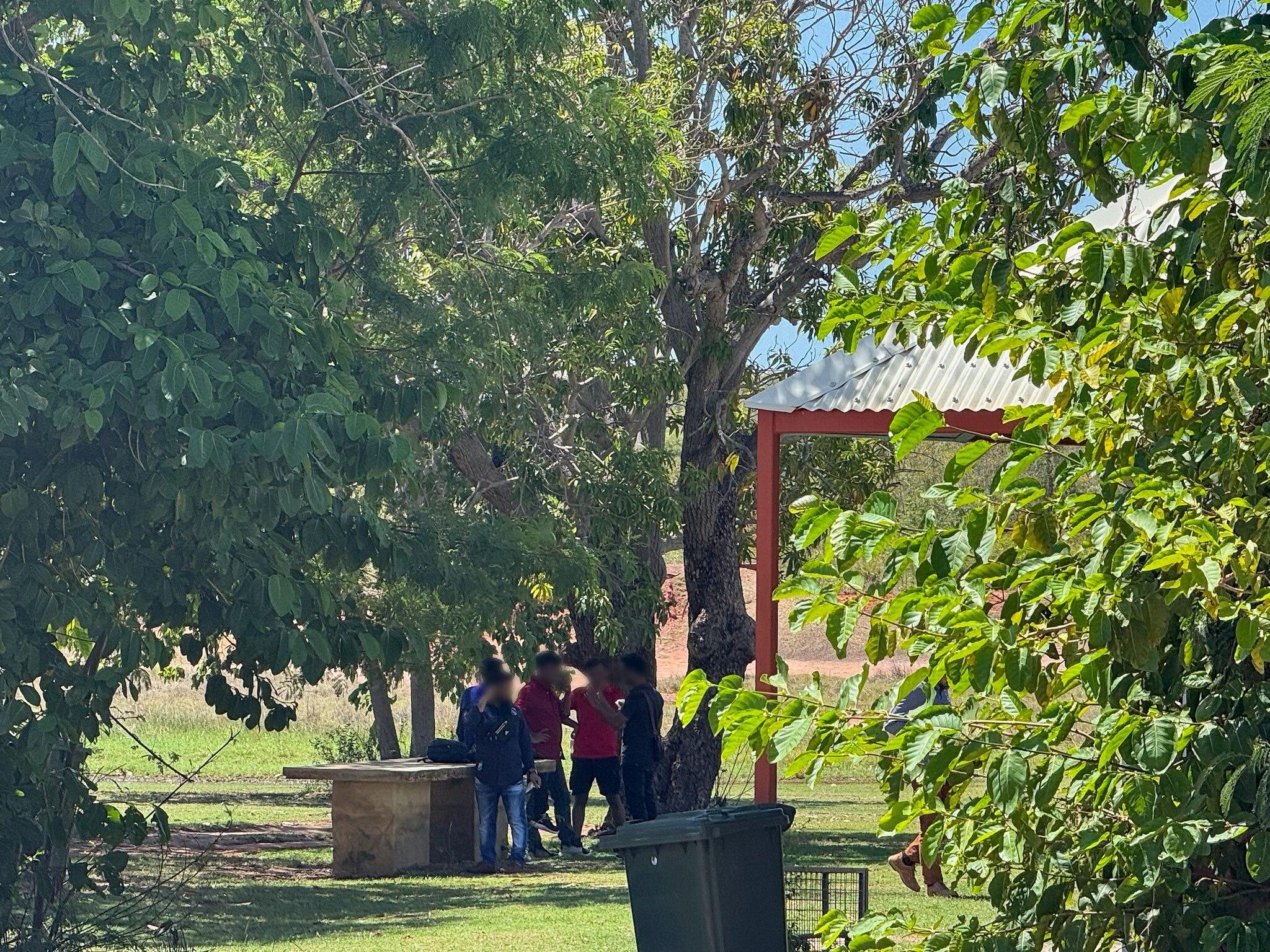 A group of men stand near a park bbq with a rubbish bin in the foreground.