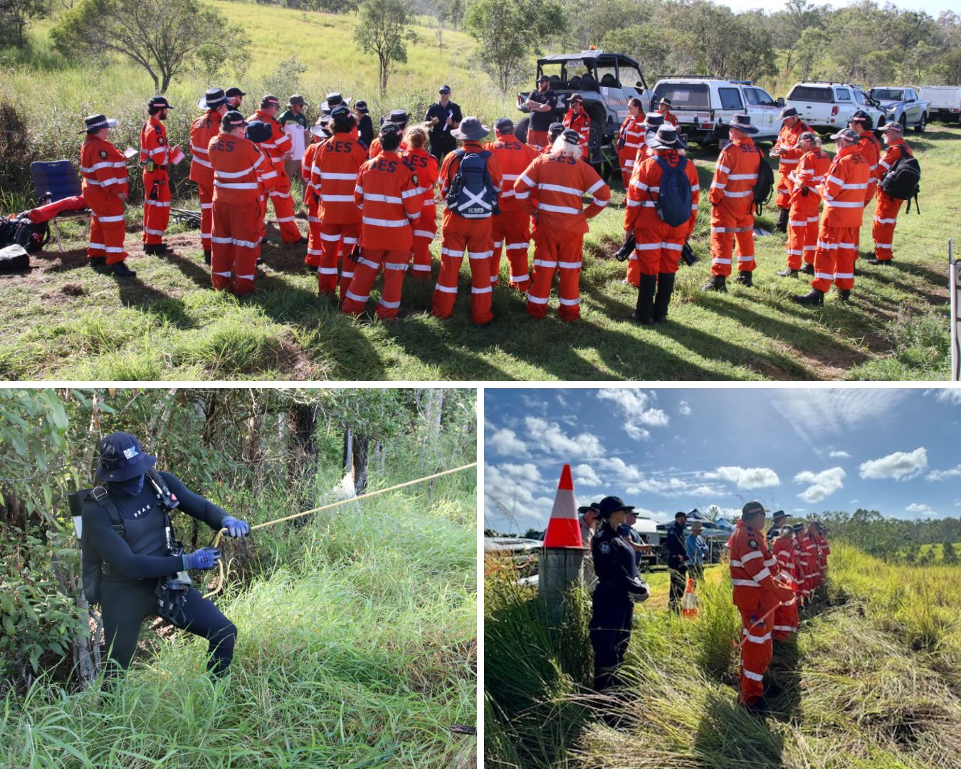 A collage of photos of police divers and SES volunteers searching for Marc Mietus.