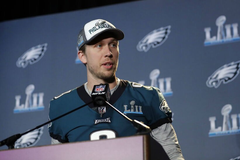 Nick Foles takes part in a media conference