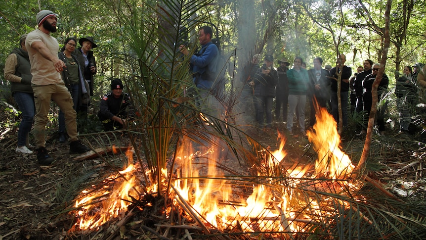 A man points to a shrub on fire, with a crowd of onlookers listening.