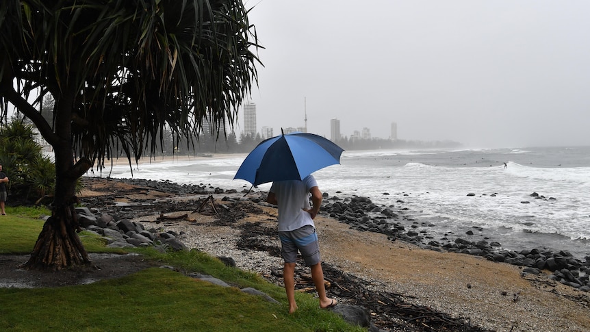 A man holds an umbrella with his back to the camera, overlooking a beach with a city in the background. 