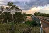 A sign in front of river crossing