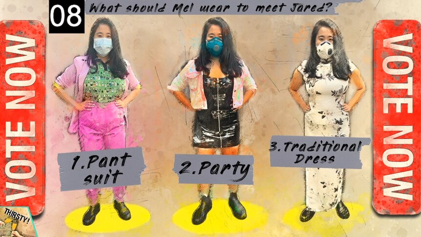 Screen shot from YouTube showing a young woman in three different costumes, with VOTE NOW text.