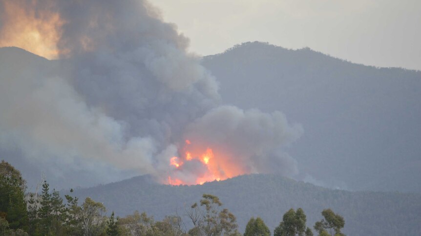 A fire burns in bush south of Canberra.
