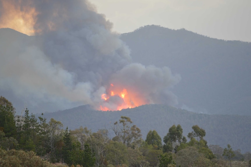 A fire burns in bush south of Canberra.
