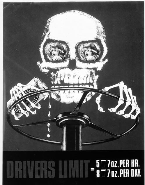 A black and white ad featuring a skeleton driving a car.