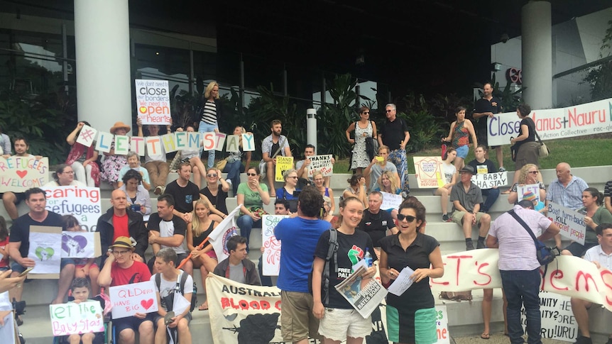 Protesters gathered outside Lady Cilento Children's Hospital