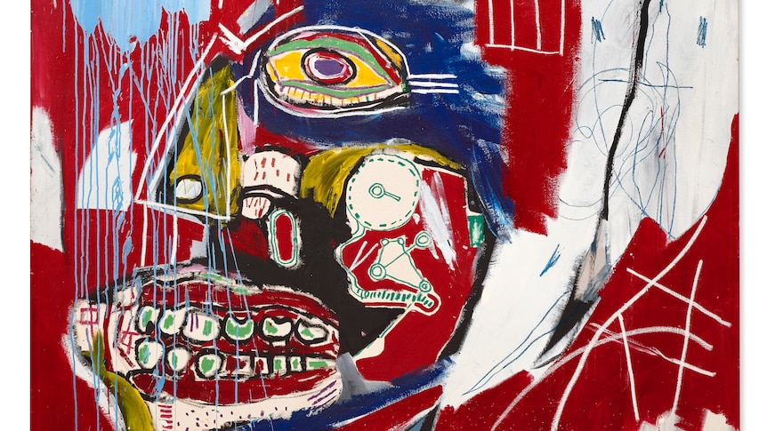 Jean-Michel Basquiat’s painting, In This Case, depicts a skull on a red background.