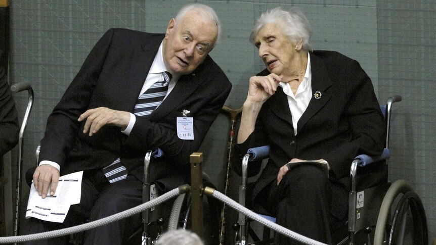 Gough and Margaret Whitlam listen to proceedings at the opening of Parliament.
