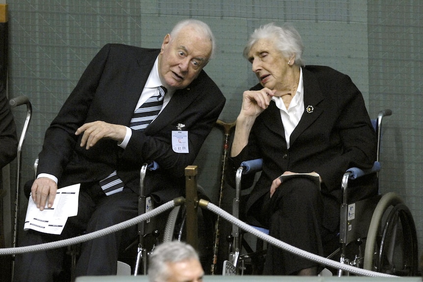 Gough and Margaret Whitlam listen to proceedings at the opening of Parliament.