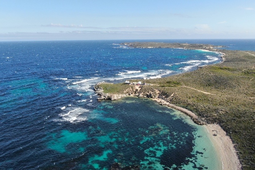 An aerial photograph from a drone, of the coastline at Rottnest Island.