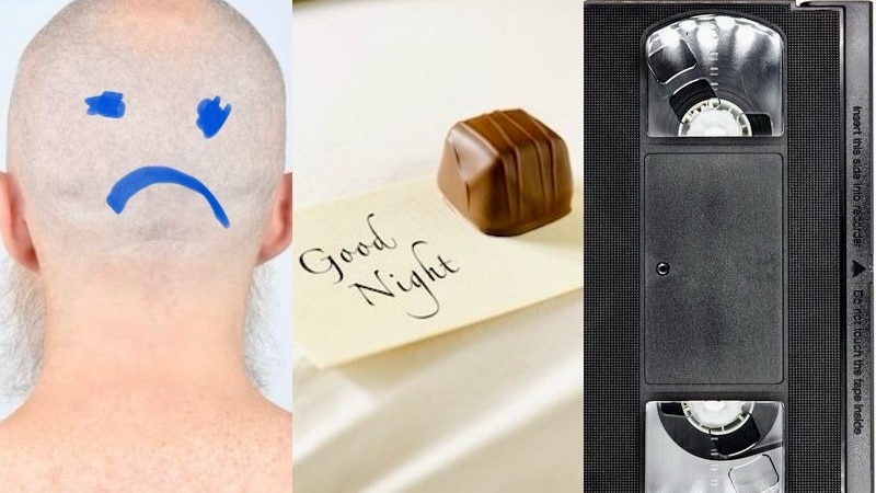 bald head with face in blue, chocolate with good night note and vhs tape