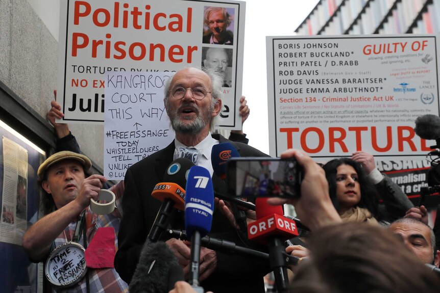 Julian Assange's father John Shipton during a protest to support Julian Assange outside the Central Criminal Court Old Bailey.