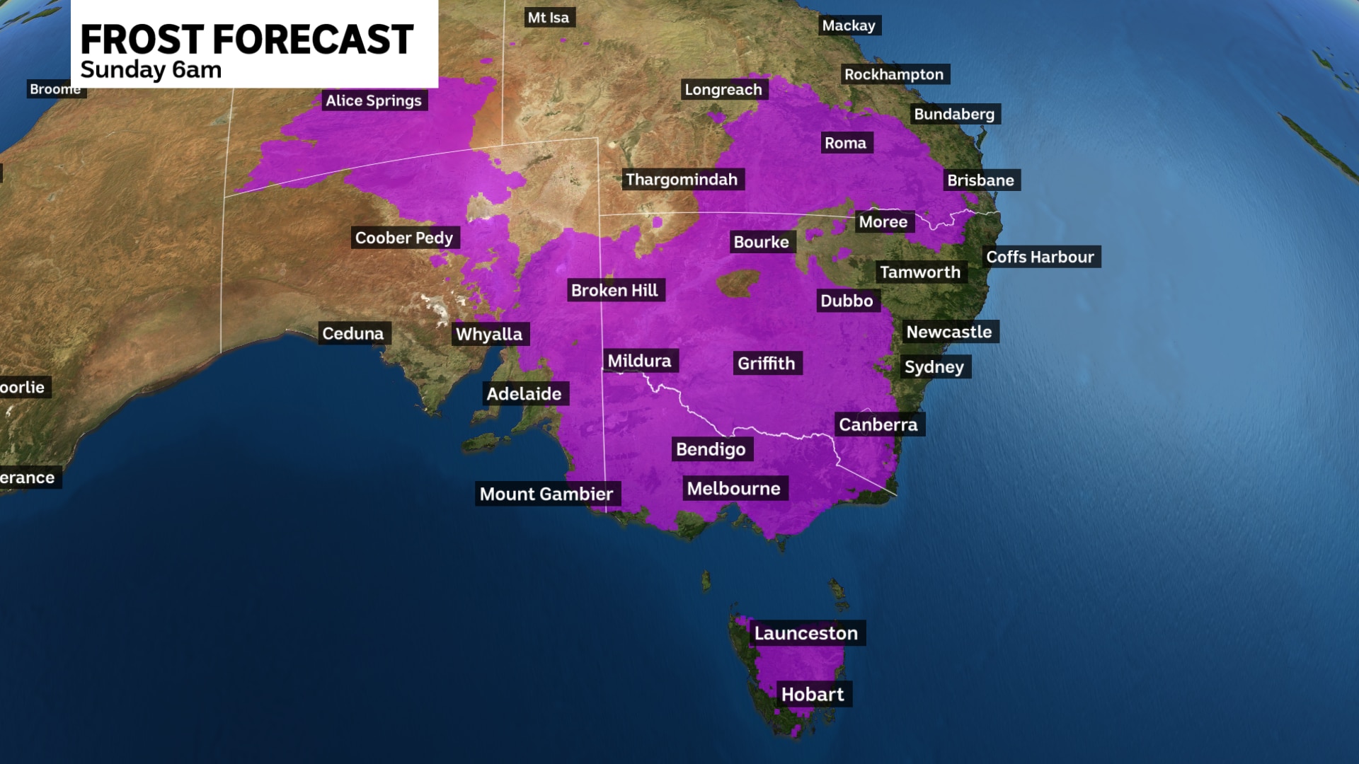 a weather map showing the south east parts of new south wales expected to get frost on sunday