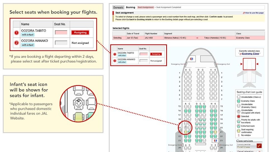 A screenshot shows the Japan Airlines website's diagram explaining its aircraft seat options and its infant's seat icons.