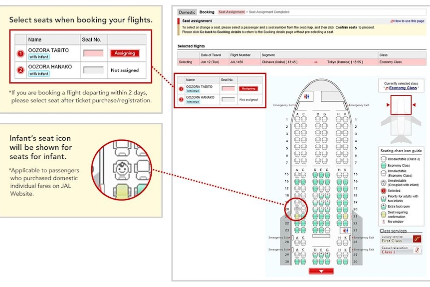 A screenshot shows the Japan Airlines website's diagram explaining its aircraft seat options and its infant's seat icons.