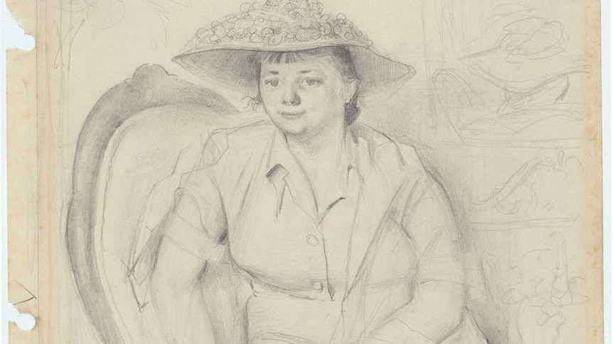 A sketch of artist Margaret Olley seated in a high-backed chair. She's wearing a large sun hat with flowers on top.
