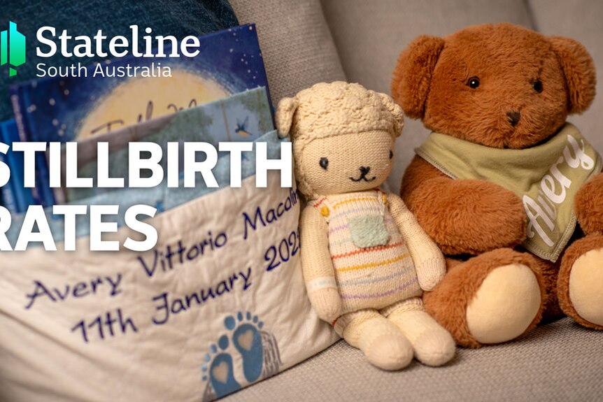Stillbirth Rates: Soft toys sit next to embroidery with a name and date on it.