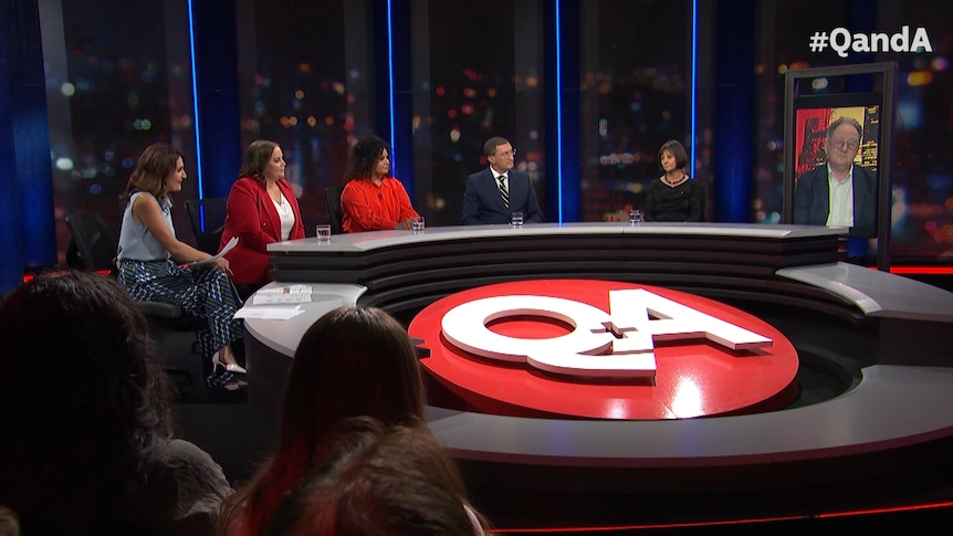 Image shows a five-person panel on ABC's Q+A with host Patricia Karvelas