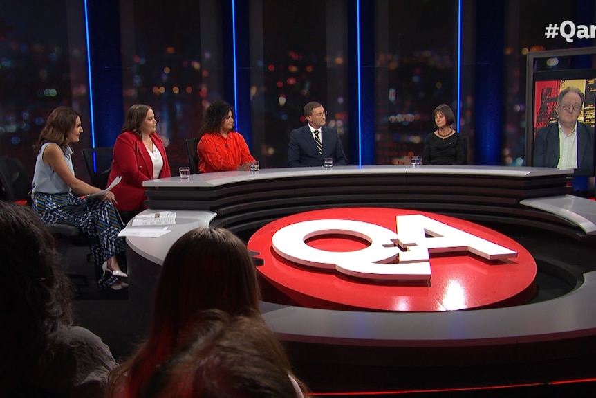 Image shows a five-person panel on ABC's Q+A with host Patricia Karvelas