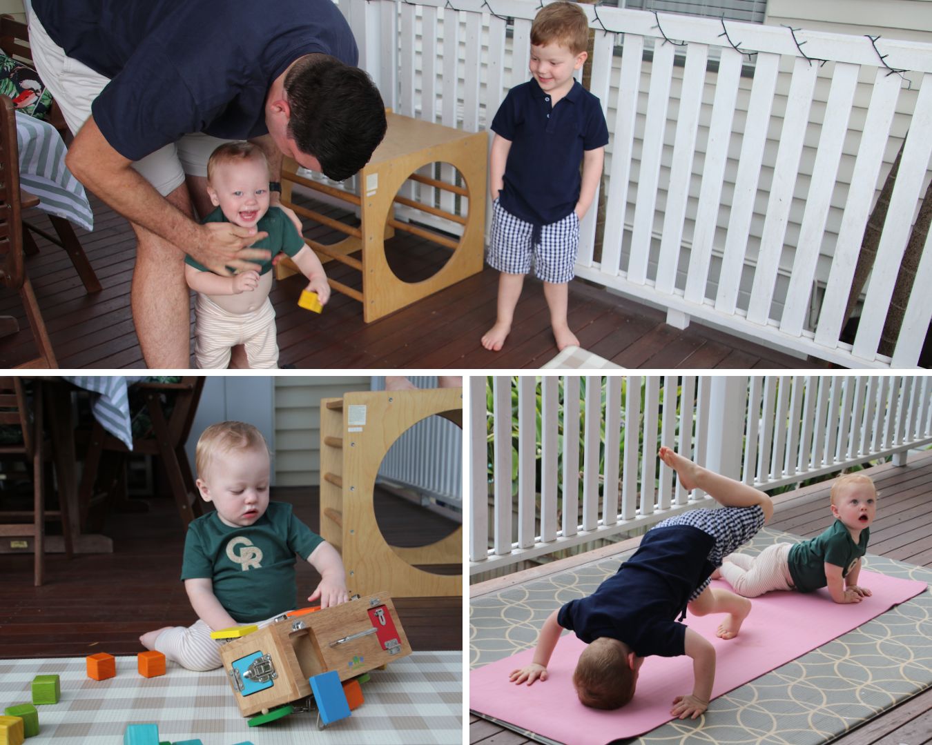 A collage of Rupert and Hugo playing on the back deck.