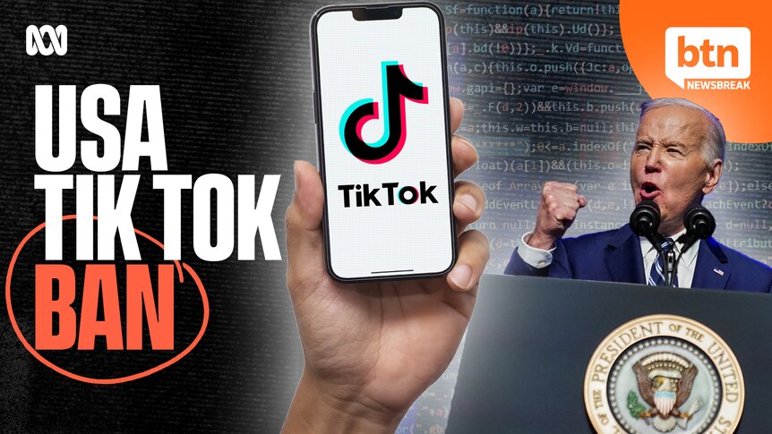 A hand holding a smart phone with the TikTok logo on it, beside an image of US President Joe Biden.