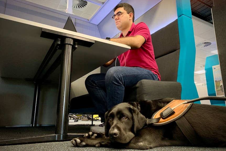A man of Latin American background typing on a computer. He has a black guide dog at his feet