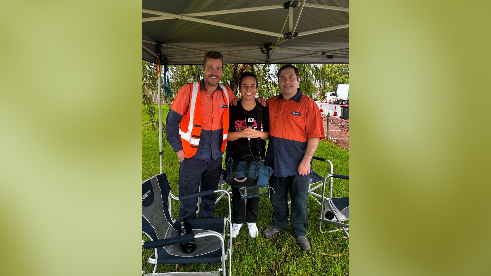 Austin cast members in hi-vis uniform with roving reporter Bobby Macumber