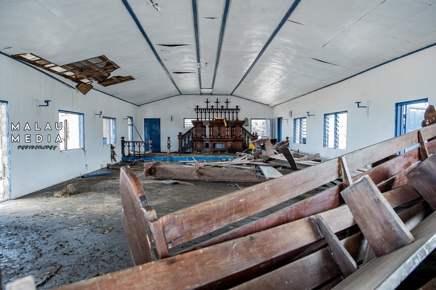 Interior of church in ruins after a tsunami devastated Tonga