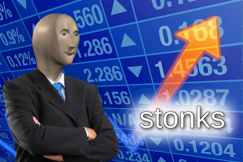 The "stonks" meme, showing a figure standing in front of stock market numbers, with the word "stocks".