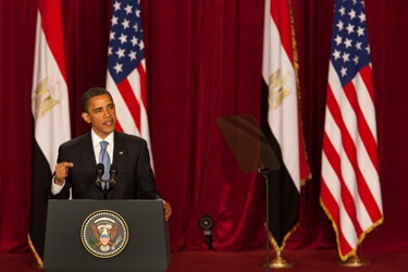 File photo: Barack Obama delivers a speech in Cairo, 4 June 2009 (Getty Images)