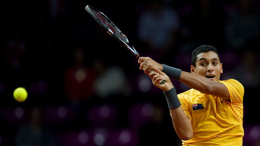 Australia's Nick Kyrgios in action during men's doubles in the Davis Cup tie with Poland.
