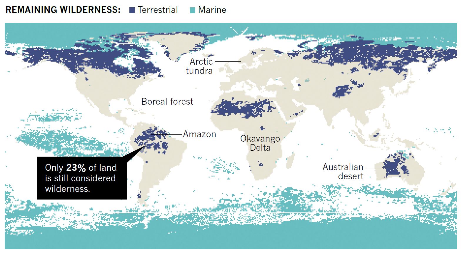 A map showing shaded areas where intact wilderness remains.