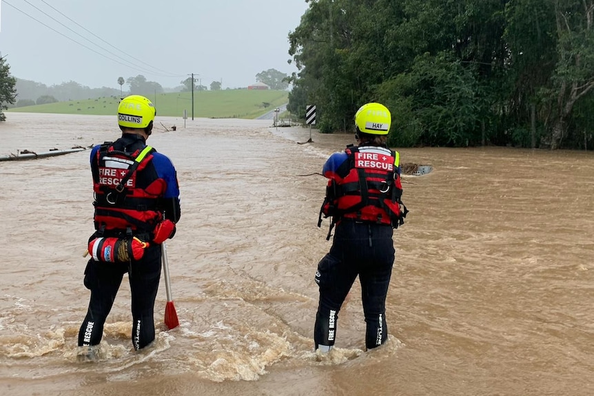 Two emergency workers, with harnesses on, stand in floodwaters up to their knees