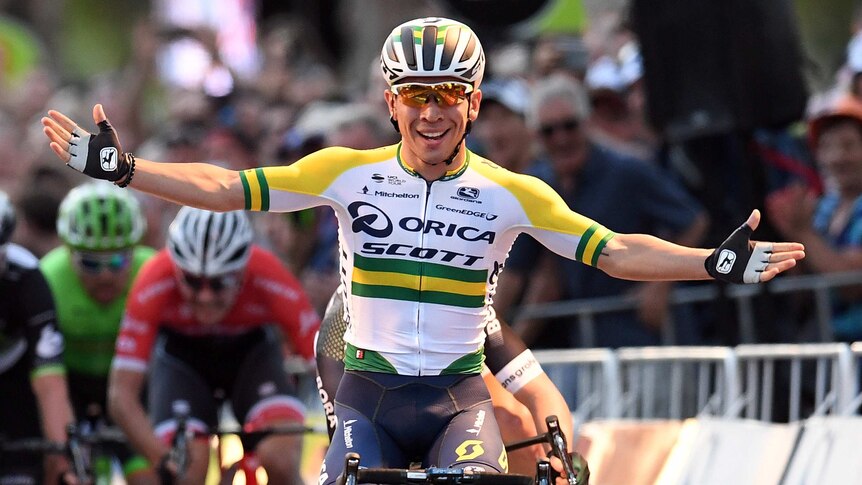 Australian Caleb Ewan celebrates winning the classic at the 2017 Tour Down Under in Adelaide.