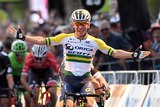 Australian Caleb Ewan celebrates winning the classic at the 2017 Tour Down Under in Adelaide.