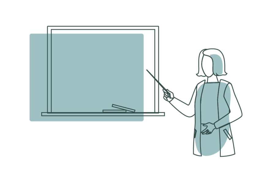 A digitally drawn graphic of a teacher using a pointer to point to a blackboard.