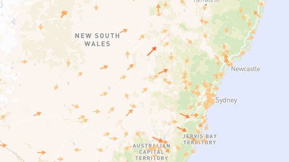 Dozens of arrows representing different direction and speed winds sit over a map of New South Wales.