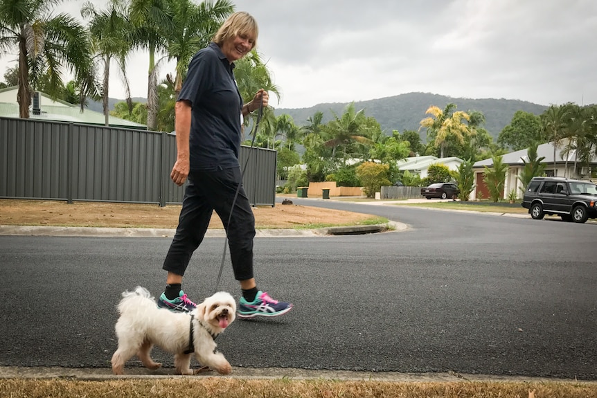 A woman taking a small white dog for a walk. The dog walks in the street gutter, the woman holding his leash walks in the street