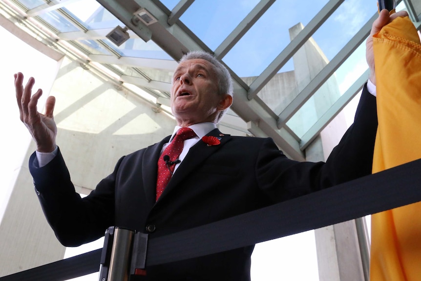 One Nation Senator Malcolm Roberts gestures outside Parliament House